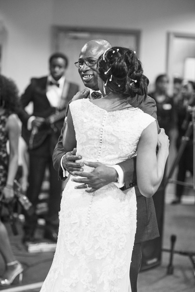 Black and white photo of the bride and groom's first dance