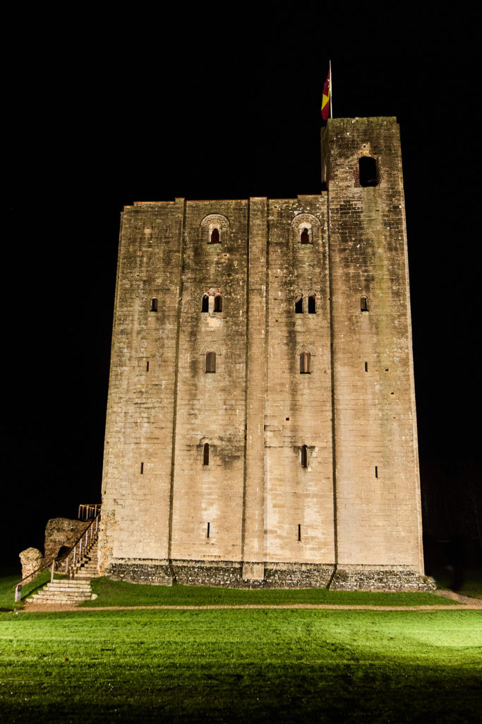 The Norman keep of Hedingham Castle floodlit at night