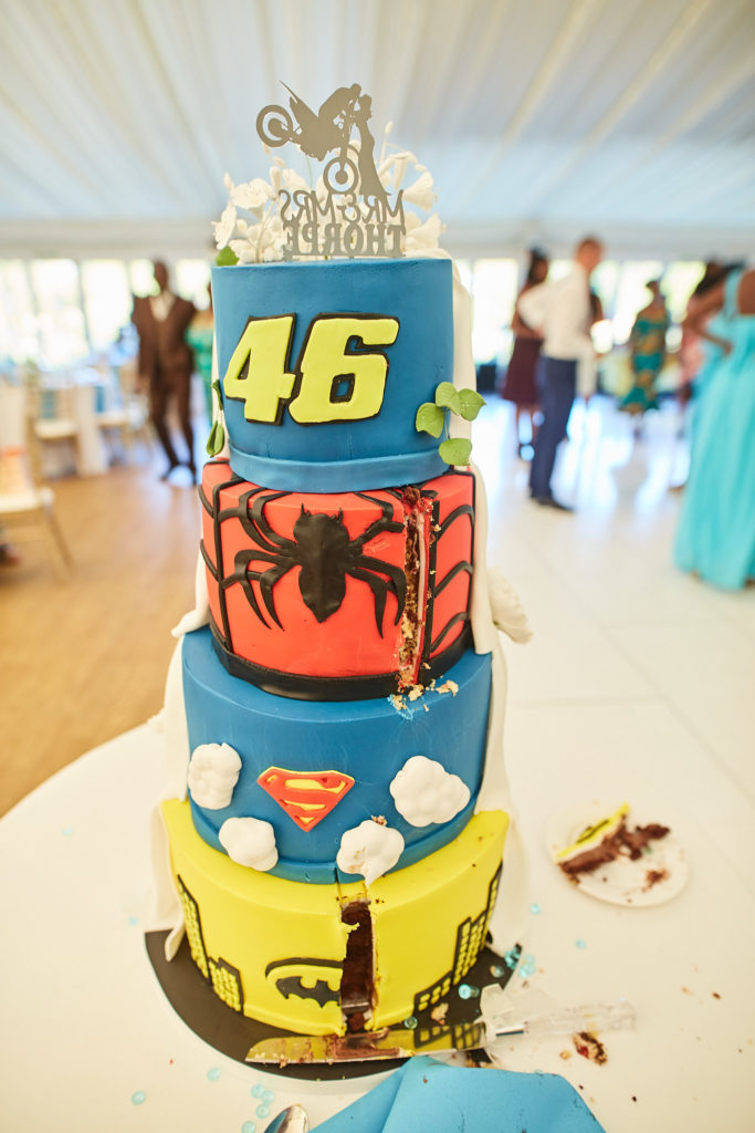 Superhero wedding cake with Spider-Man, Superman and Batman tiers