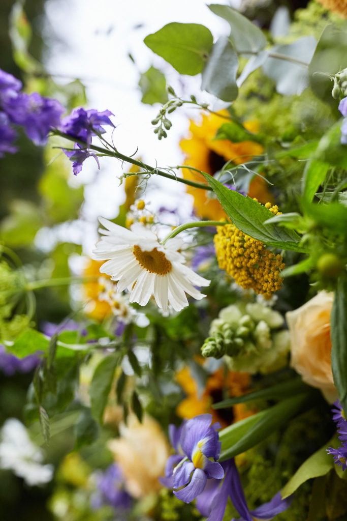 Close-up of a bouquet of daisies, sunflowers and wildflowers