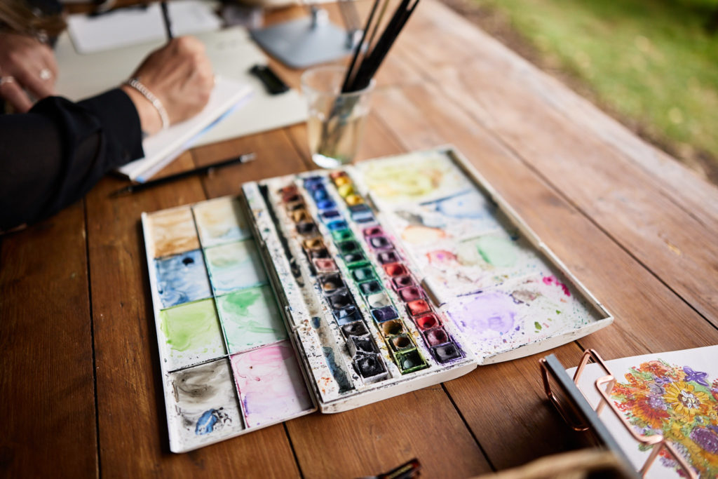 Watercolour palette and a wedding painting in progress