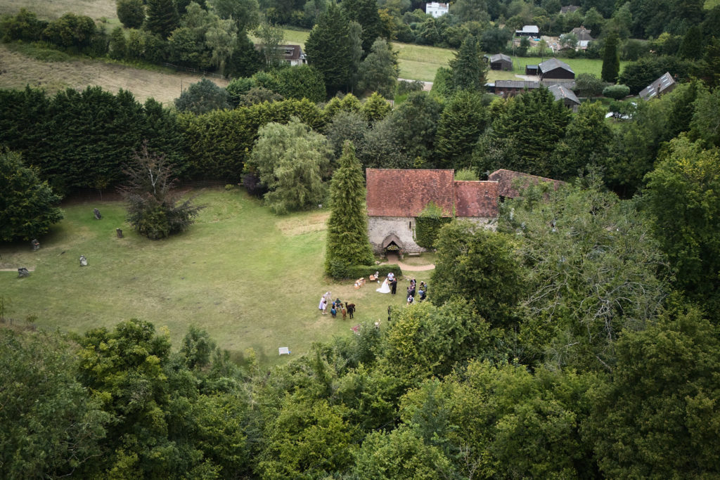 Aerial drone photo of the Lost Village of Dode among the trees in Kent