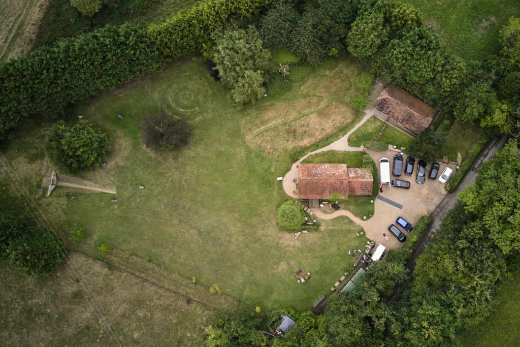 Aerial drone photo looking down on the church and grounds at the Lost Village of Dode