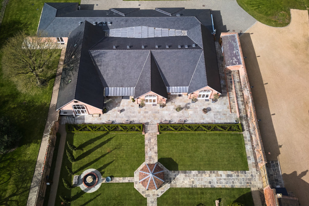 Aerial drone photo of the barn and walled garden at Hatfield Place
