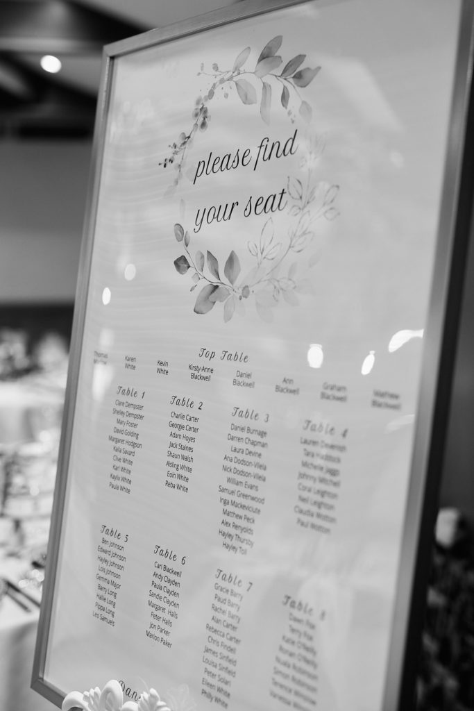 Black and white photo of the wedding table plan