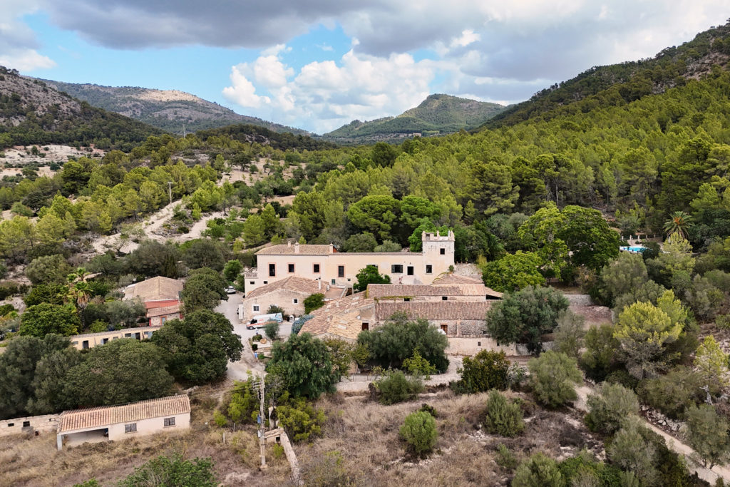 Aerial drone photo of Son Boronat, a finca wedding venue in the hills of Mallorca