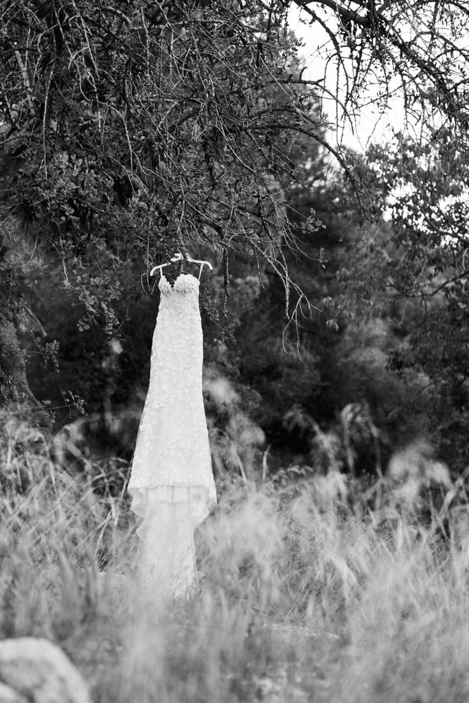 Black and white photo of the wedding dress hanging among trees and long grass