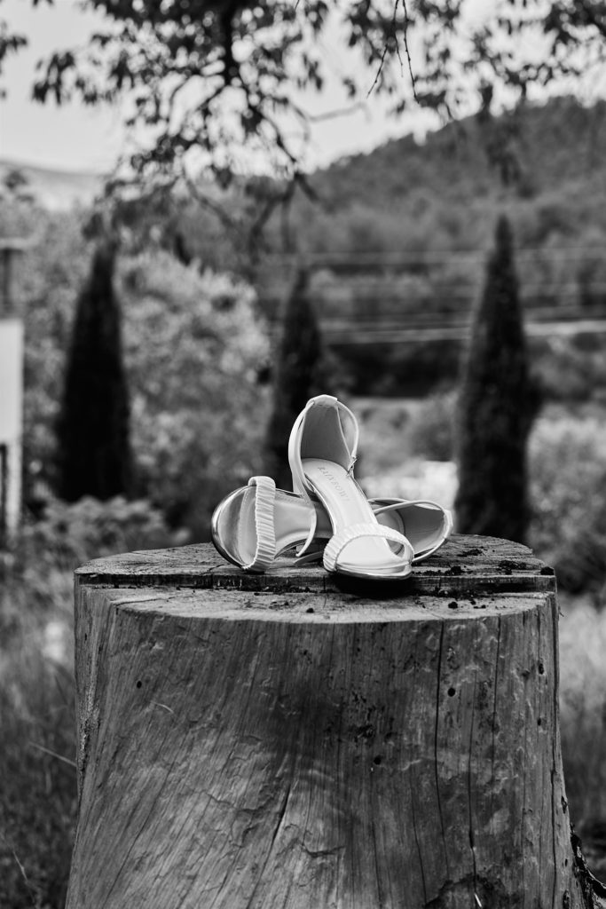 Black and white photo of the bridal shoes on a tree stump with cypress trees behind