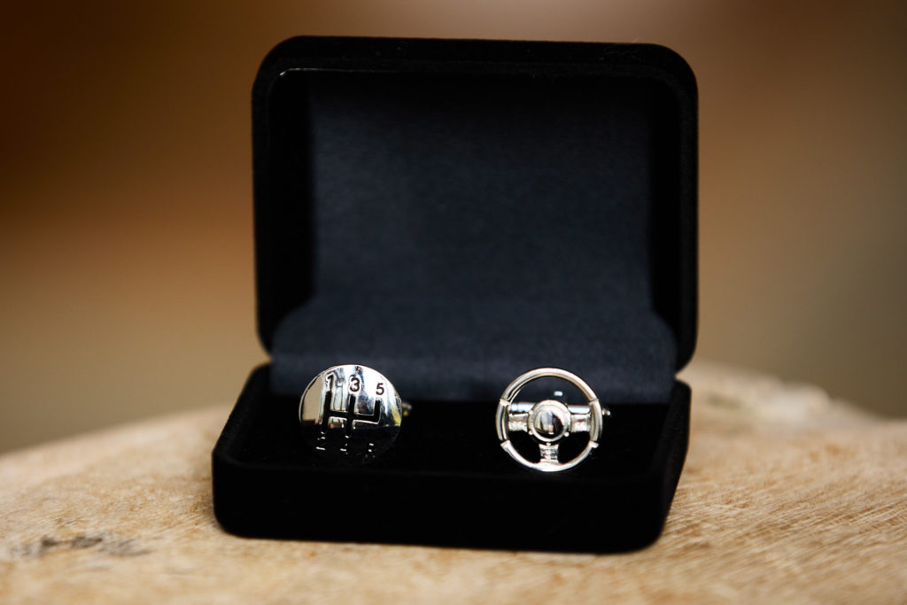 Car themed cufflinks in a black presentation box