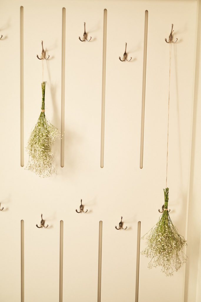 Bunches of dried gypsophila hanging from coat hooks on a cream wall