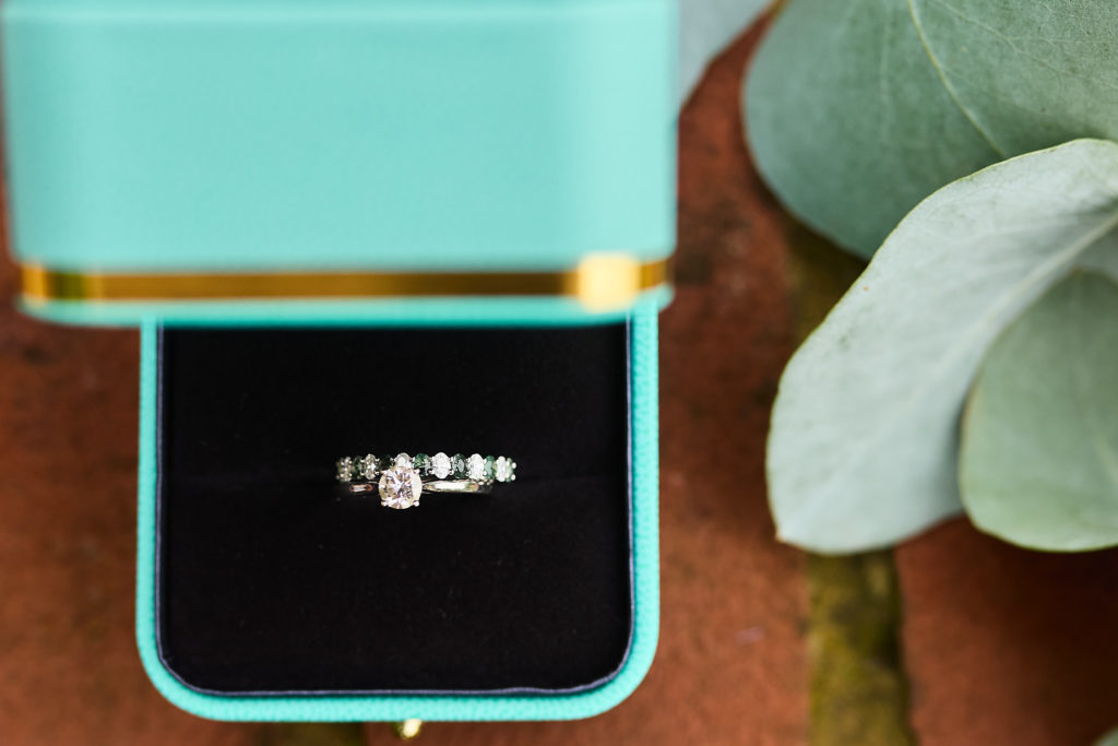 Engagement ring in a turquoise ring box next to eucalyptus leaves