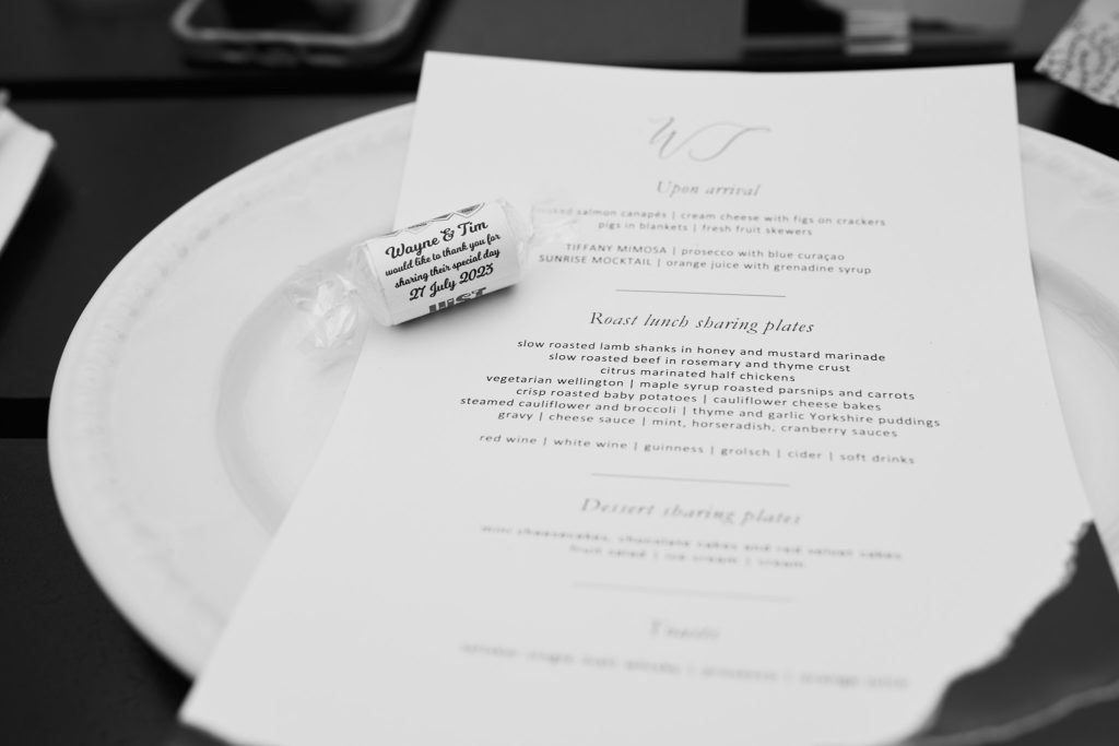 Black and white photo of a wedding menu on a plate